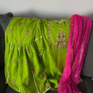 Vibrant Green and Pink Embroidered Outfit